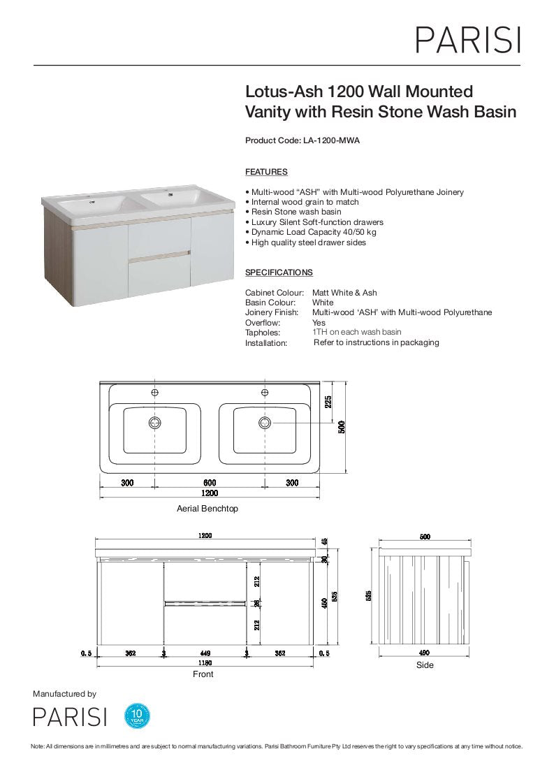 Lotus ash 1200 double basin vanity