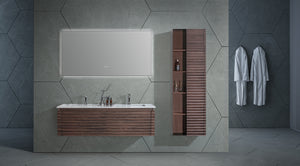 the loom 1400 twin vanity, hand crafted in a black walnut waved finish